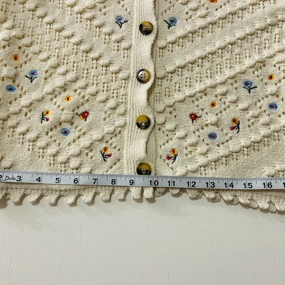 Vintage Inspired Classic Woman's Cream Embroidered Openwork Knit Cardigan - Picture 9 of 9